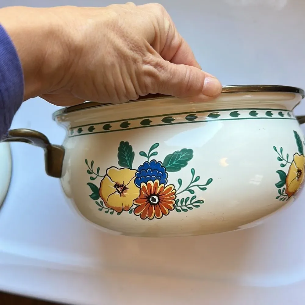 Vintage enamelware floral painted cooking pot with‎ brass handles